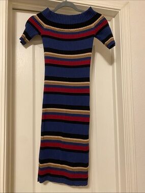 Ribbed Off-Shoulder Striped Midi Dress in Blue